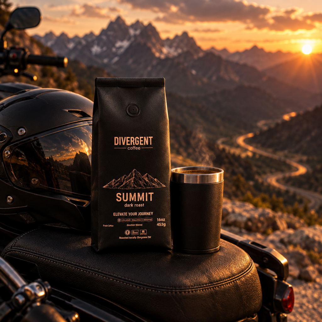 Summit dark roast coffee bag on a motorcycle seat at a mountain pass at sunset, with a black helmet and travel mug